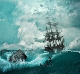 Nave in tempesta con mare agitato